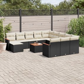 3226588 vidaXL Градински диван с възглавници, 13 части, черен, полиратан