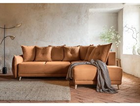 Ъглов разтегателен диван от велур в тухлен цвят (десен ъгъл) Lazy Lukka - Miuform