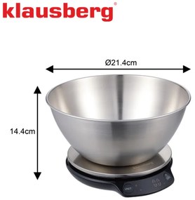 Кухненска везна с купа Klausberg KB 7939, 5 Kg, Bluetooth, Мобилно приложение, LED, ТАРА, Течности, 4 хранителни стойности, Инокс