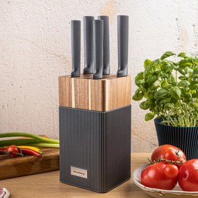 Комплект ножове Klausberg KB 7982, 6 части, Неръждаема стомана, Стойка от акациево дърво, Графит/кафяв