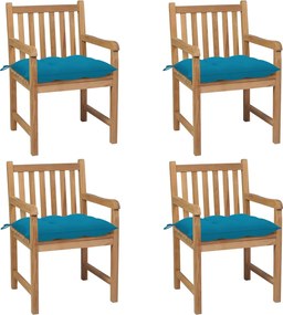 3073023 vidaXL Градински столове, 4 бр, светлосини възглавници, тик масив