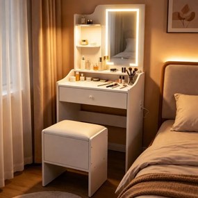 Тоалетка с LED огледало – табуретка, чекмедже, 2 рафта