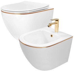 Комплект тоалетна чиния Rea WC CARLO Mini Flat + bidet CARLO Mini White Gold Edge