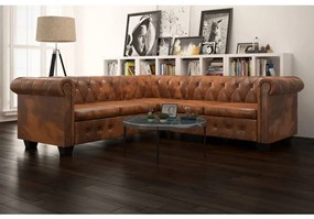 243615 vidaXL Ъглов диван Честърфийлд, 5-местен, изкуствена кожа, кафяв