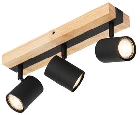 Интелигентен таванен прожектор черен с дърво 3 светлини въртящ се и накланящ се вкл. Wifi GU10 50mm - Jeana