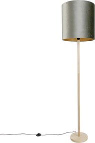 Дървена подова лампа със зелен кадифен абажур 40 см - Mels