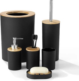 Комплект аксесоари за баня – 6 елемента с бамбукови детайли, Ruhhy 24636, черен цвят