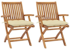 3062423 vidaXL Градински столове 2 бр кремави възглавници тиково дърво масив