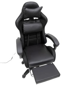 LED геймърски стол със сгъваема поставка за крака и функция за масаж - черен