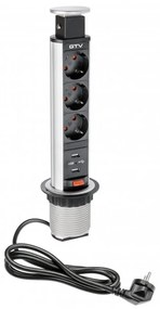 GTV AE-BPW3S60U-80 Pull-out контакт за вгражд., 3х Schuko, USB5V/2,4A, кабел 1,5 м, сребрист