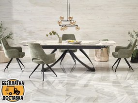 трапезна разтегателна маса HILARIO основа черно / плот бежов мрамор