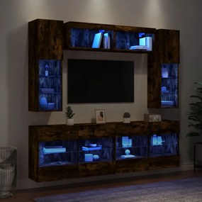 3216801 vidaXL Комплект ТВ стенни шкафове, 6 части, с LED светлини, опушен дъб