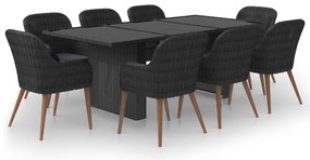 3059485 vidaXL Градински трапезен комплект, 9 части, полиратан, черен