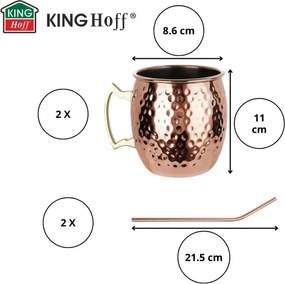 Комплект чаши за Moscow Mule Kinghoff KH 2000, 2 бр, 500мл, 2 сламки, Неръждаема стомана, Меден цвят