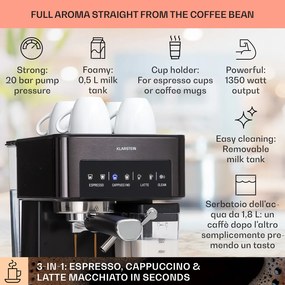 Klarstein Arabica Comfort, кафемашина с портафилтър, 1350W, 20 бара, 1,8 литра, тъч панел