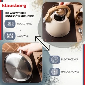 Свирещ чайник Klausberg KB 7954, 2.5 л, Неръждаема стомана, Топлоизолирана дръжка с дървесен ефект, Индукция, Бежов/кафяв