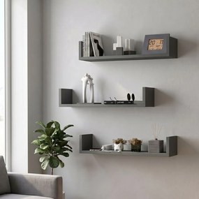 Тъмен меламинов стенен рафт комплект от 3 в антрацитен цвят 60x15x12см.