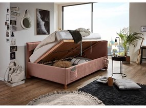 Розово тапицирано ъглово детско легло 140x200 cm с място за съхранение с включена подматрачна рамка Fun – Meise Möbel