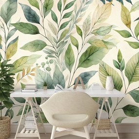 Самозалепващ тапет – Зелени акварелни листа на бежов фон