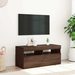 815677 vidaXL ТВ шкаф с LED осветление, кафяв дъб, 90x35x40 см