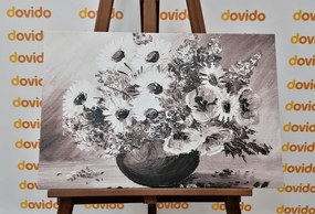Картина на платно – Маслена живопис на летни цветя в черно-бяло изпълнение