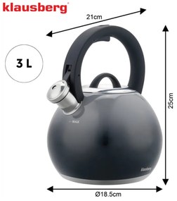 Свирещ чайник Klausberg KB 7955, 3l, Термоизолирана дръжка, Многослойно дъно, Индукция, Тъмносив графит