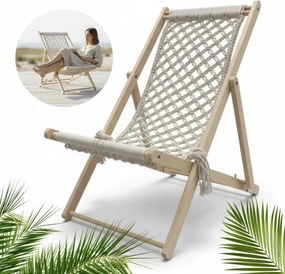 Дървен градински шезлонг с MAKRAMÉ - сгъваем Бежово