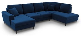 Син кадифен разтегателен ъглов диван с място за съхранение (десен ъгъл/U форма) Kyoto – Cosmopolitan Design