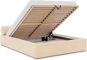 Кремаво тапицирано двойно легло с място за съхранение и включена подматрачна рамка 200x200 cm Cille – Ropez