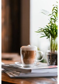 Комплект от 2 стъклени чаши с двойна стена и чинийка, 250 ml Amo - Vialli Design