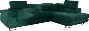 Зелен кадифен разтегателен ъглов диван с място за съхранение (десен ъгъл L форма) Anton – ELTAP