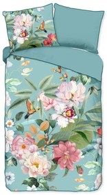 Синьо единично удължено спално бельо от памучен сатен 140x220 cm Fungi – Descanso