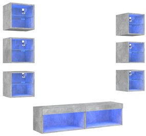 3216636 vidaXL ТВ стенни модули с LED, 8 части, бетонно сиви, инженерно дърво