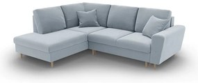 Светлосин кадифен разтегателен ъглов диван с място за съхранение (ляв ъгъл/L форма) Kyoto – Cosmopolitan Design