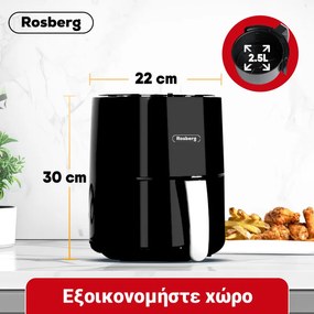 Фритюрник AirFryer Rosberg R51980Y, 1200 W, 2.5 л, Горещ въздух, Таймер, До 200C, Черен