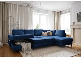 Тъмносин разтегателен ъглов диван от рипсено кадифе (десен ъгъл) Lofty Lilly – Miuform