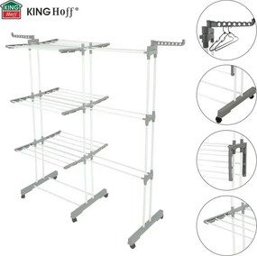 Сушилник за дрехи Kinghoff KH 2044, 30 м, До 30 кг, 3 нива, Колелца, Стомана, Бял/сив