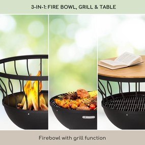 Blumfeldt Nantai 3 в 1, огнище с грил и маса, Ø 66 см, скара за барбекю: Ø 50 см, стомана, бамбуков плот