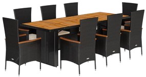 3277522 vidaXL Градински трапезен комплект възглавници 9 части черен полиратан