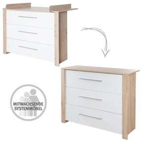 Нисък детски скрин от дъб с масичка за преповиване в бял и естествен цвят 112x98 cm - Roba