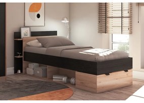 Черно-естествено единично легло 90x200 cm от декор от дъб с място за съхранение без ламелно дъно Albo – Marckeric