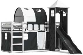 3284182 vidaXL Двуетажно легло с пързалка и завеси, бяло и черно, 90x190 см