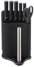 Комплект ножове Klausberg KB 7977, 8 части, Неръждаема стомана, Стойка, Държач за кухненска хартия, Черен
