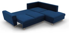 Син кадифен разтегателен ъглов диван с място за съхранение (десен ъгъл/L форма) Kyoto – Cosmopolitan Design