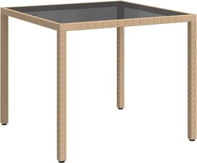 316703 vidaXL Градинска маса, 90x90x75 см, закалено стъкло и полиратан, бежова