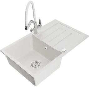 Mexen Bruno гранитна мивка с 1 камера с отцедник и кухненски смесител Duo, бял