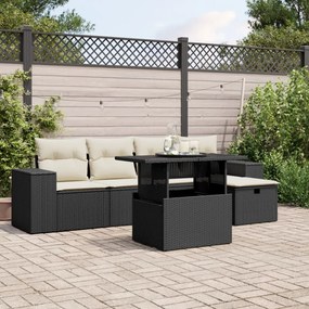 3275286 vidaXL Градински диван с възглавници, 6 части, черен, полиратан