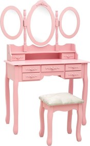 289327 vidaXL Тоалетка с табуретка и тройно сгъваемо огледало, розова