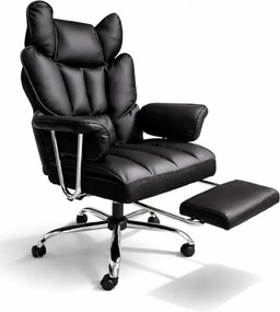 Луксозен офис стол RELAX PRO с поставка за крака - черна екокожа