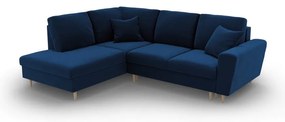 Син кадифен разтегателен ъглов диван с място за съхранение (ляв ъгъл/L форма) Kyoto – Cosmopolitan Design